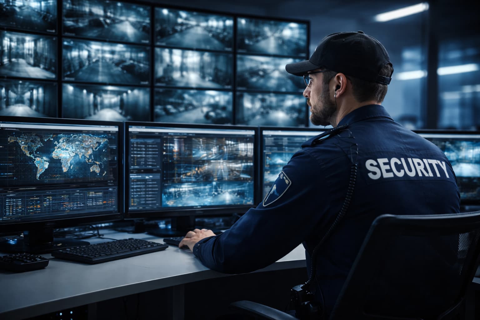 Security professional reviewing camera feeds at a workstation