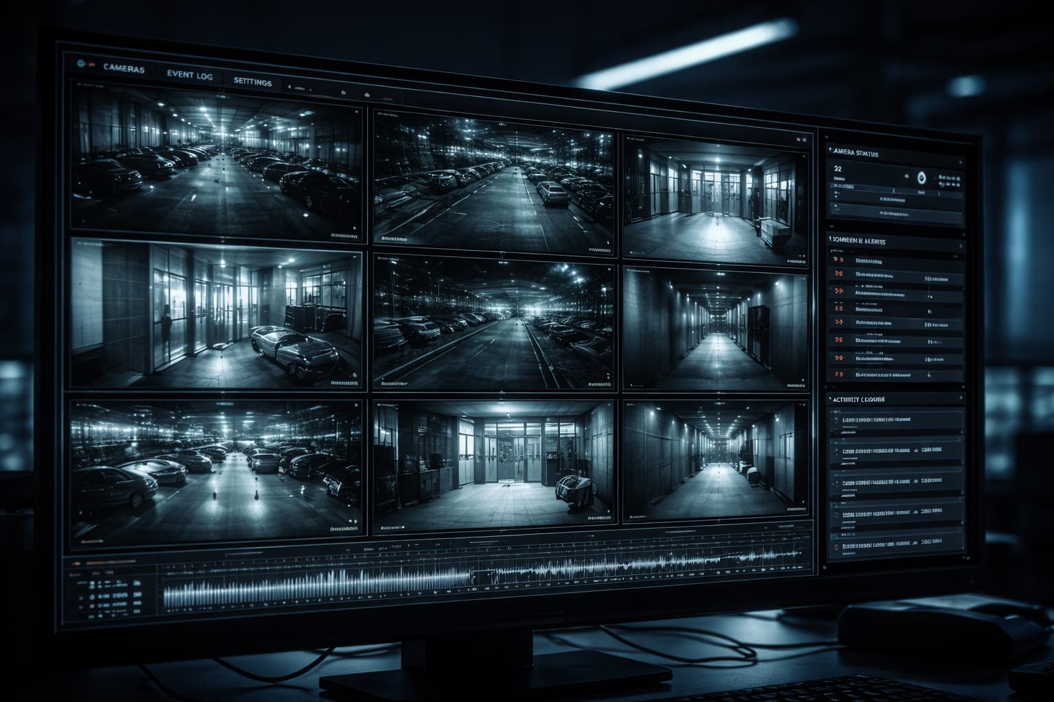 Security officer on patrol coordinating with surveillance