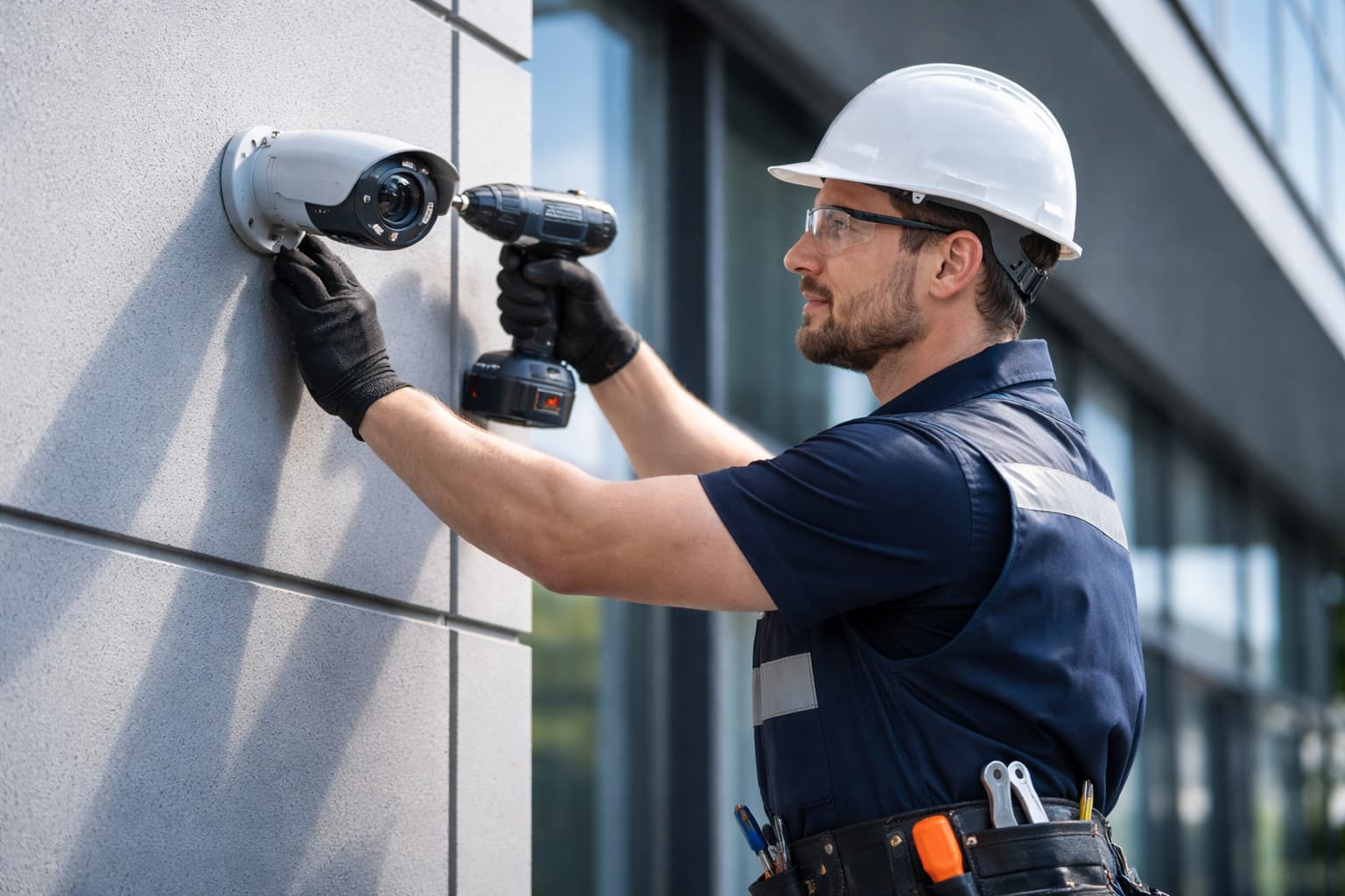 Wall of surveillance monitors in a security control room