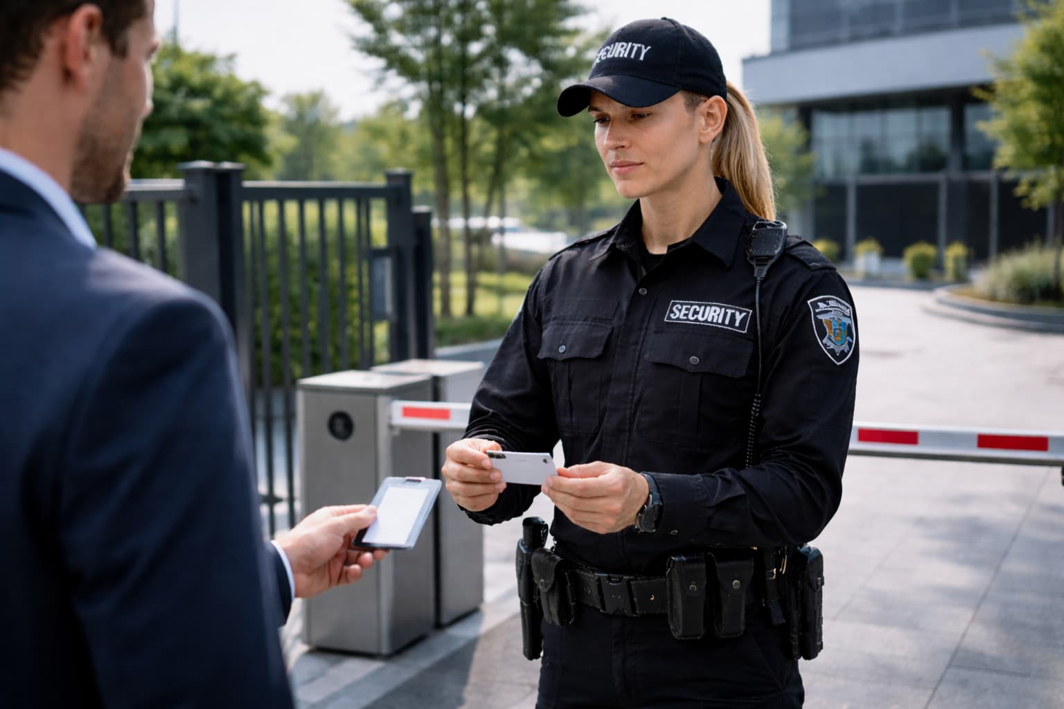 Security patrol: professional guard on duty at a facility entrance