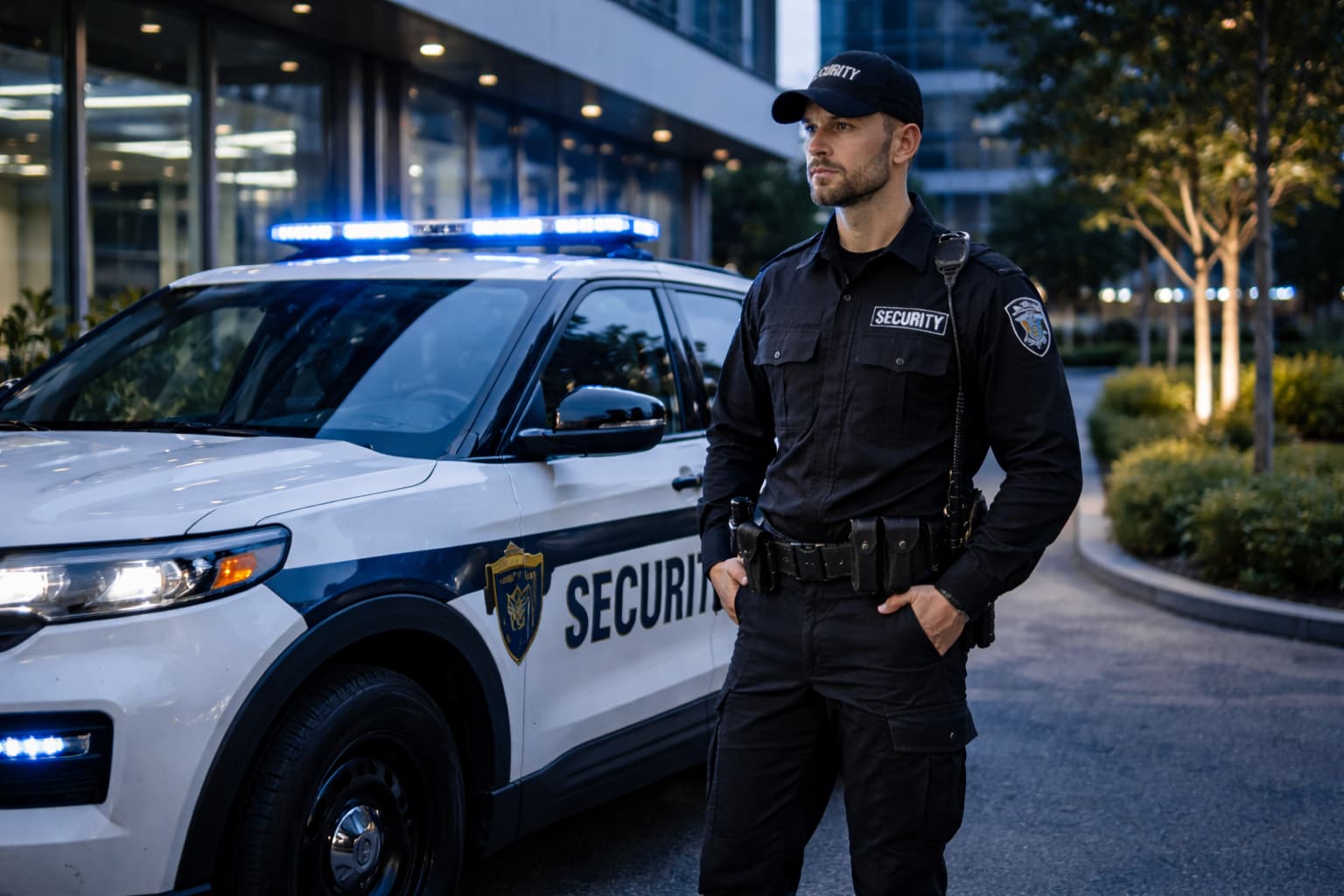 Security professionals on patrol at a commercial facility